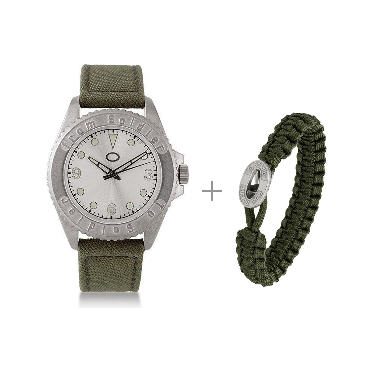 Stilvolles From Soldier To Soldier Set mit Uhr und grünem Armband sowie passendem grünen Fallschirmseil-Armband mit ovalem Stahlverschluss