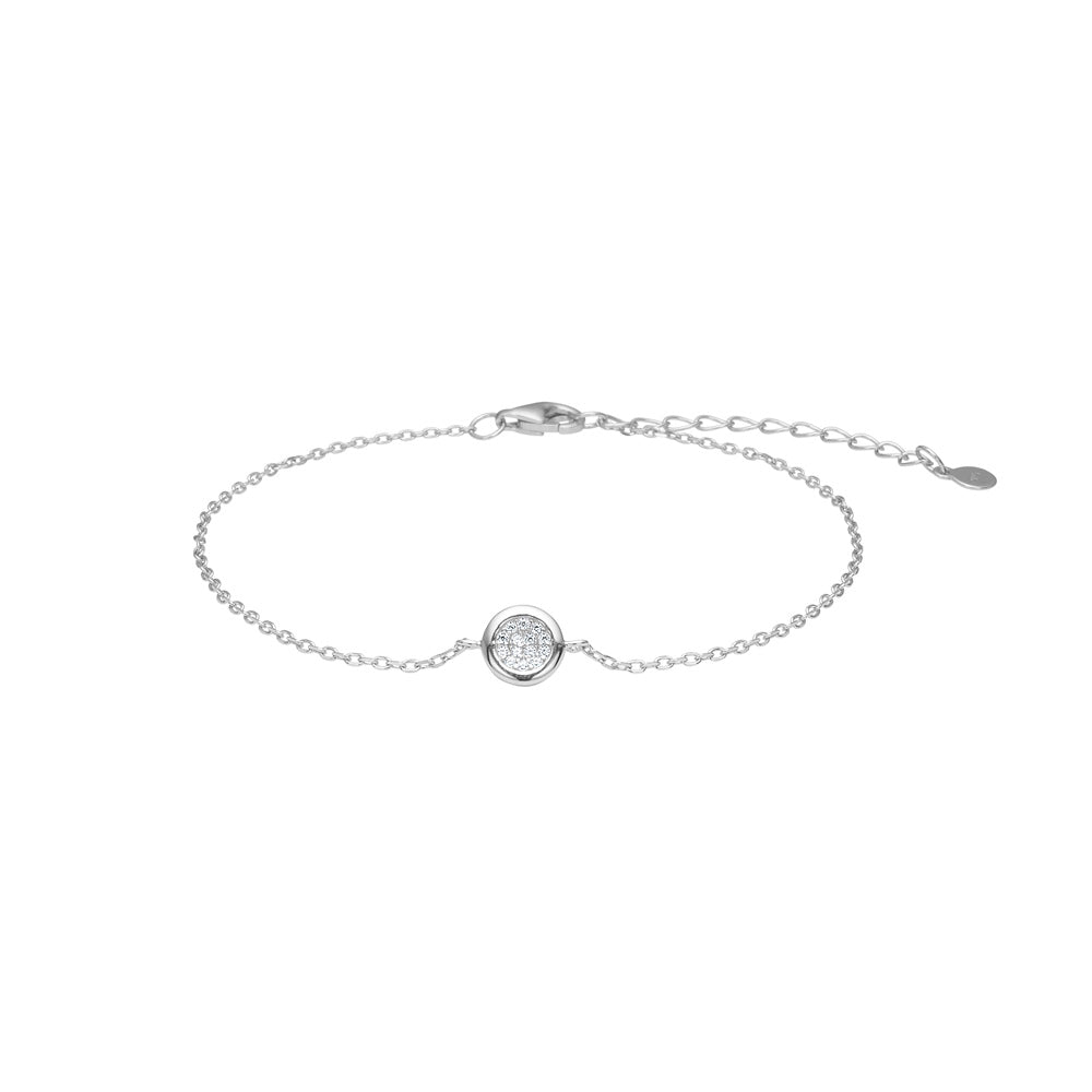 Elegantes Joanli Nor TirzaNor-Armband aus rhodiniertem 925er Sterlingsilber mit rundem Anhänger und funkelnden Zirkonia im stilvollen Nahaufnahme.