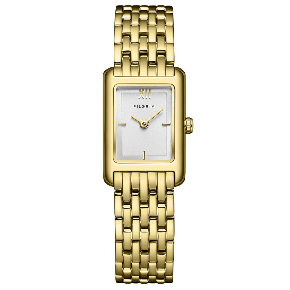 Elegante Pilgrim Damenuhr aus goldfarbenem Edelstahl mit rechteckigem Gehäuse, weißem Zifferblatt und stilvollem Gliederarmband – zeitloses Schmuckstück vom Schmuckzentrum