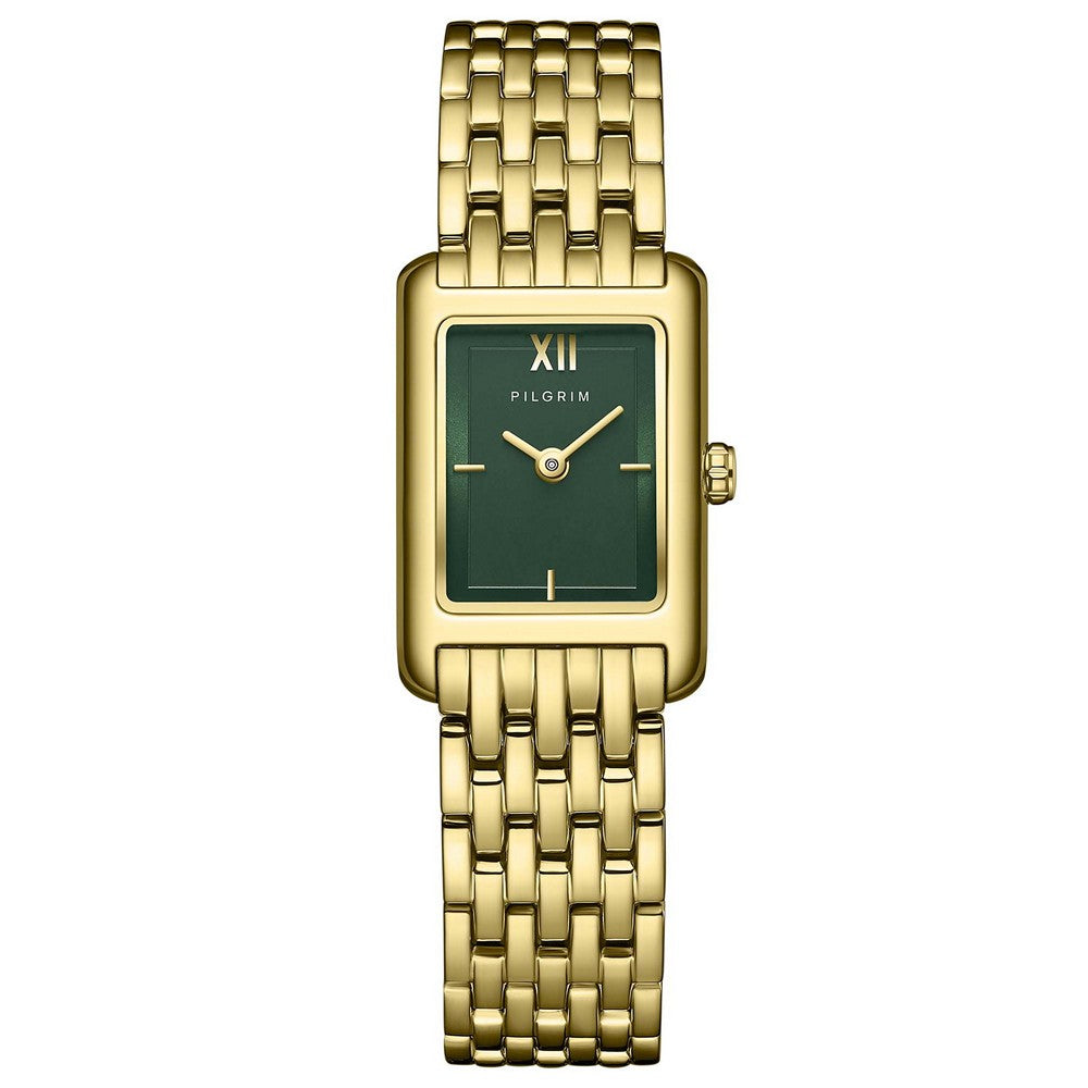 Elegante Pilgrim-Damenuhr aus goldfarbenem Edelstahl mit rechteckigem Gehäuse, stilvollem grünem Zifferblatt und passendem Gliederarmband