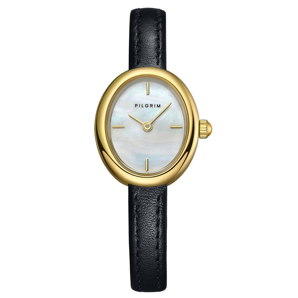 Elegante ovale Pilgrim-Damenuhr aus goldfarbenem Edelstahl mit schimmerndem Perlmuttzifferblatt und stilvollem schwarzem Lederarmband