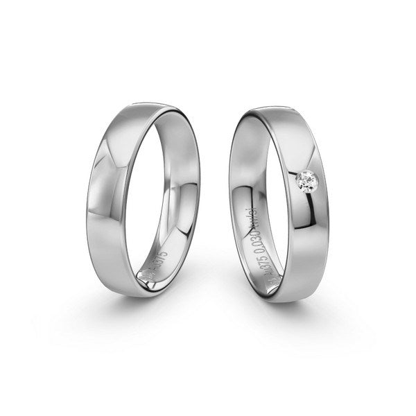 Siersbøl vielsesringe i 14 kt. hvidguld med 0,03 ct. brillant og blank overflade – profil 2