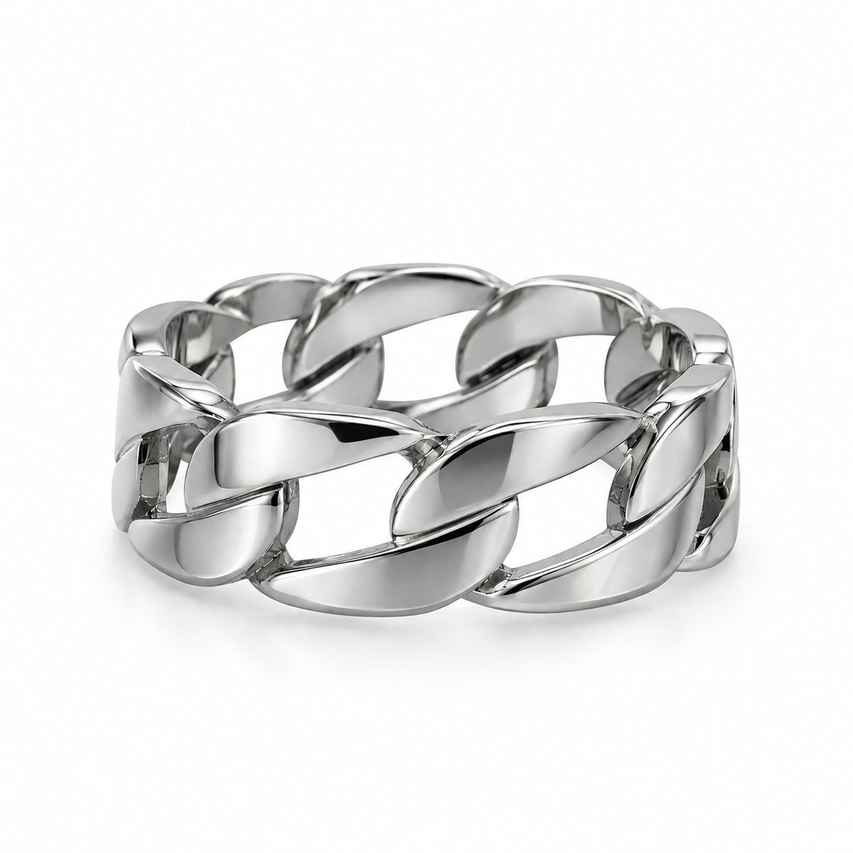 Ricos stilvoller Panzer-Ring aus 8 mm Edelstahl mit flachen, polierten Gliedern vor weißem Hintergrund