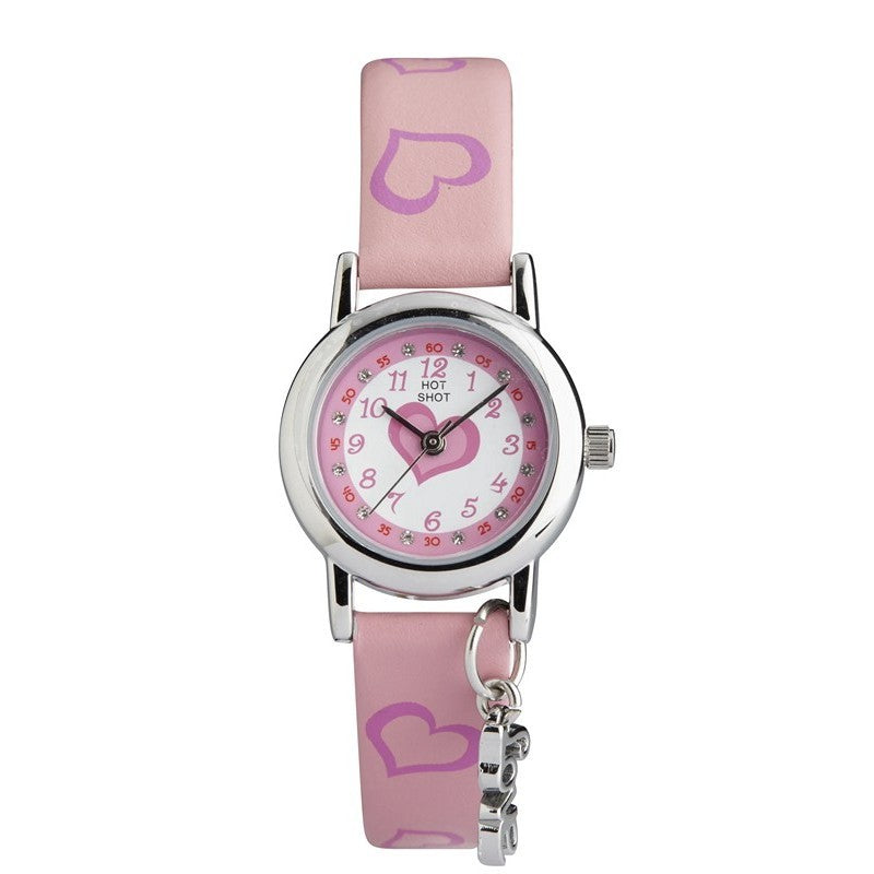 Stilvolle Mädchenuhr mit rosafarbenem Armband, weißem Zifferblatt mit Herzmotiv und funkelnden Steinen rund um die Lünette