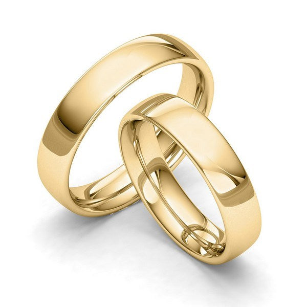 Vielsesringe i rødguld fra Siersbøl Wedding med blank overflade – klassisk og elegant sæt i 9 eller 14 kt