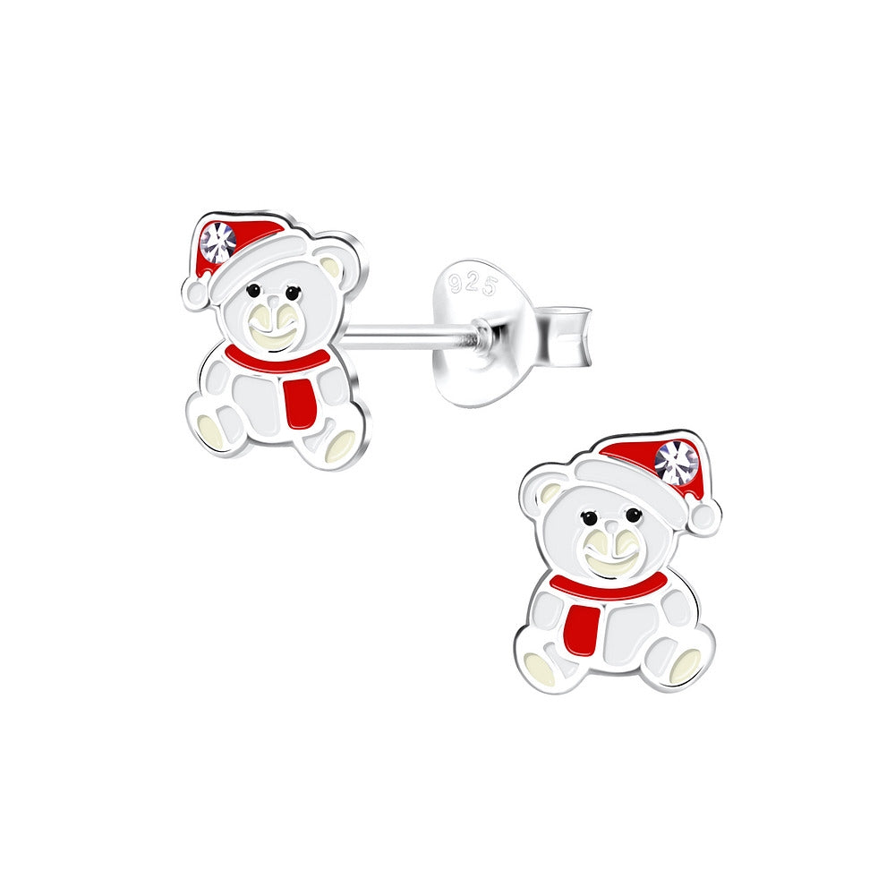 Stilvolle Weihnachts-Ohrringe aus Silber mit einem weißen Teddybär im Weihnachtsmannmützen-Design und funkelnden Zirkonia, 8 mm