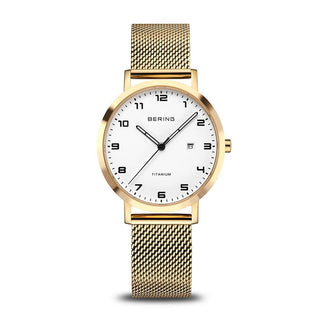 BERING titanium dameur med poleret og børstet guld finish, hvid urskive og mesh-lænke