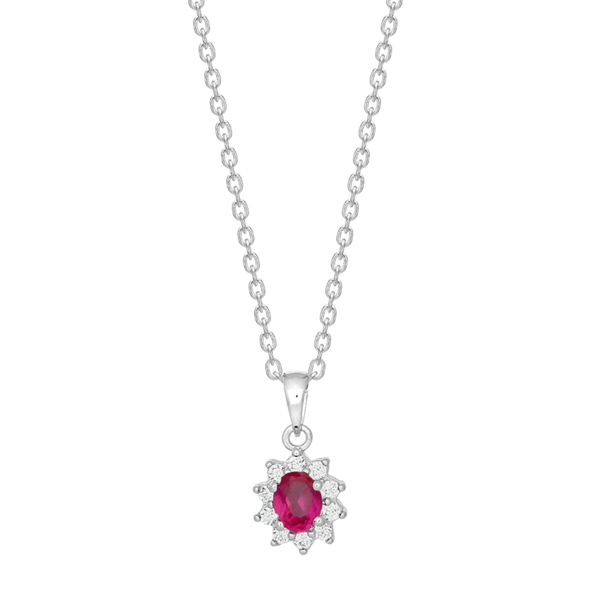 Sølv vedhæng m. zirkonia og synt. pink safir incl. kæde