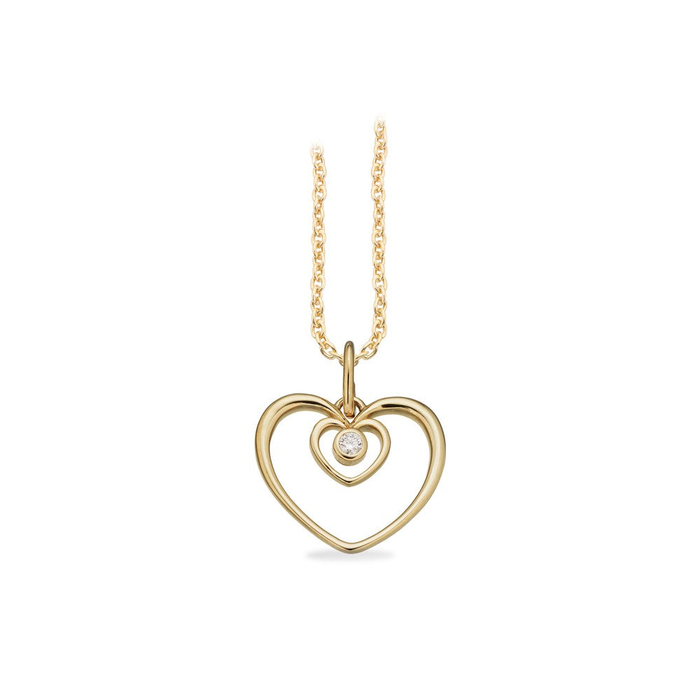 Eleganter Herz-in-Herz-Anhänger aus 8-karätigem Gold mit Brillant an einer stilvollen, vergoldeten Ankerkette aus Silber