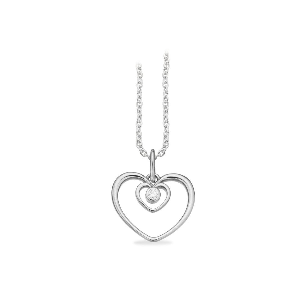 Eleganter Herz-in-Herz-Anhänger aus 8-karätigem Weißgold mit Brillant an einer rhodinierten Silber-Ankerkette vom Schmuckzentrum