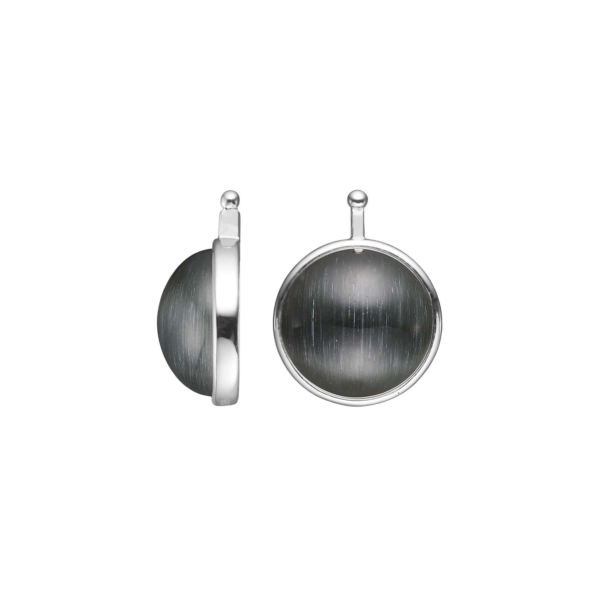 Elegante Heide-Heinzendorff-Katzenaugen-Cabochon-Ohrringe aus rhodiniertem Silber mit runden grauen Katzenaugensteinen – stilvoller Schmuck vom Schmuckzentrum.