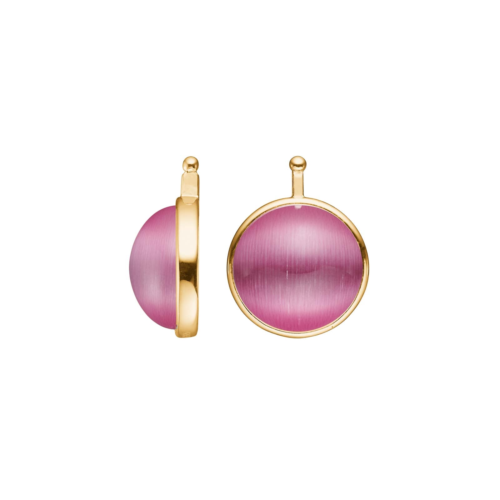 Heide Heinzendorff eleganter Katzenaugen-Cabochon-Systemanhänger für Ohrringe aus vergoldetem Silber mit rundem, 13 mm großem Stein in stilvollen Rosé- und Lilatönen.