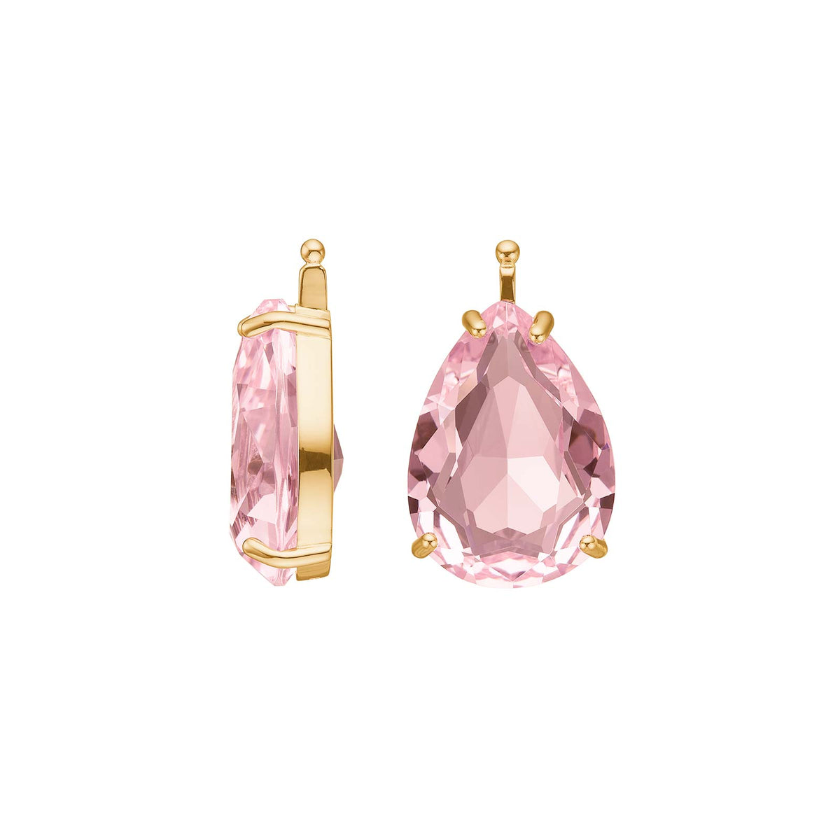Elegante Heide-Heinzendorff-Ohrringe aus vergoldetem Silber mit facettierten, tropfenförmigen rosafarbenen Glassteinen – stilvoll und raffiniert.