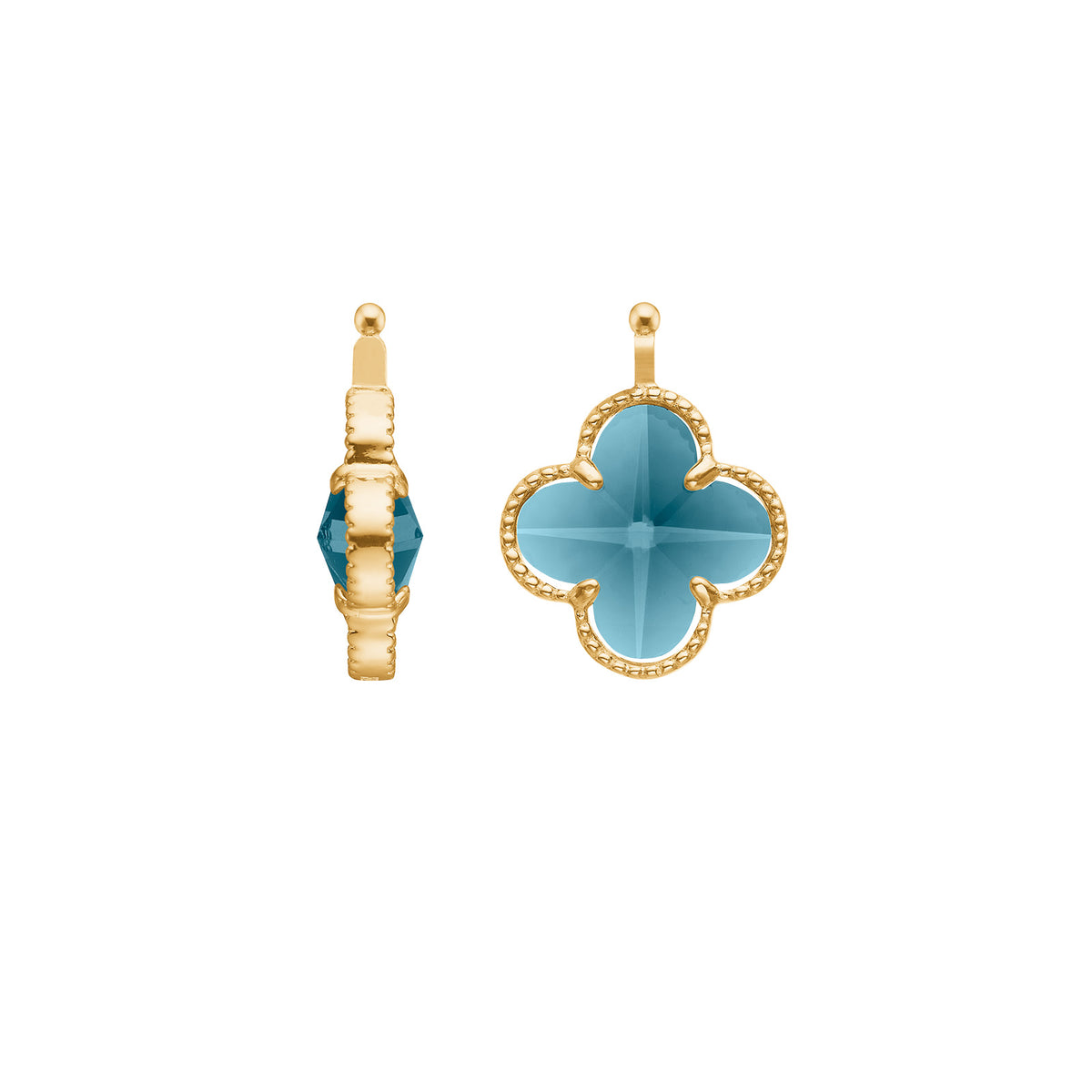 Eleganter, glasfacettierter Kleeblatt-Anhänger von Heide Heinzendorff aus vergoldetem Silber mit einem stilvollen blauen Stein.