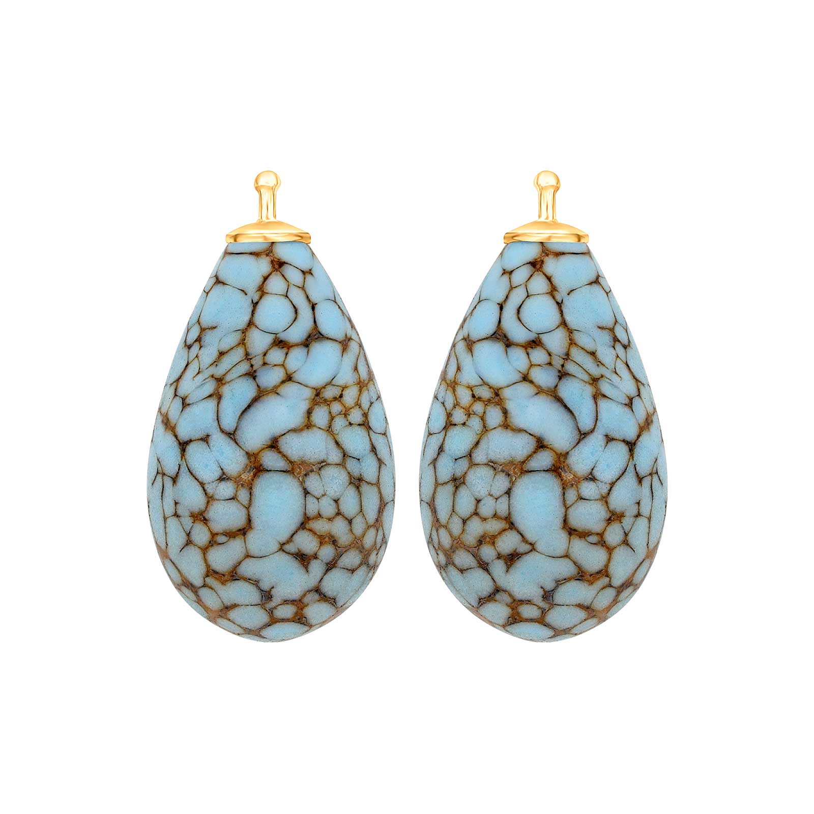 Elegante Heide Heinzendorff Tropfenohrringe aus vergoldetem Silber mit böhmischem Quarzglas in Hellblau und brauner Marmorierung.