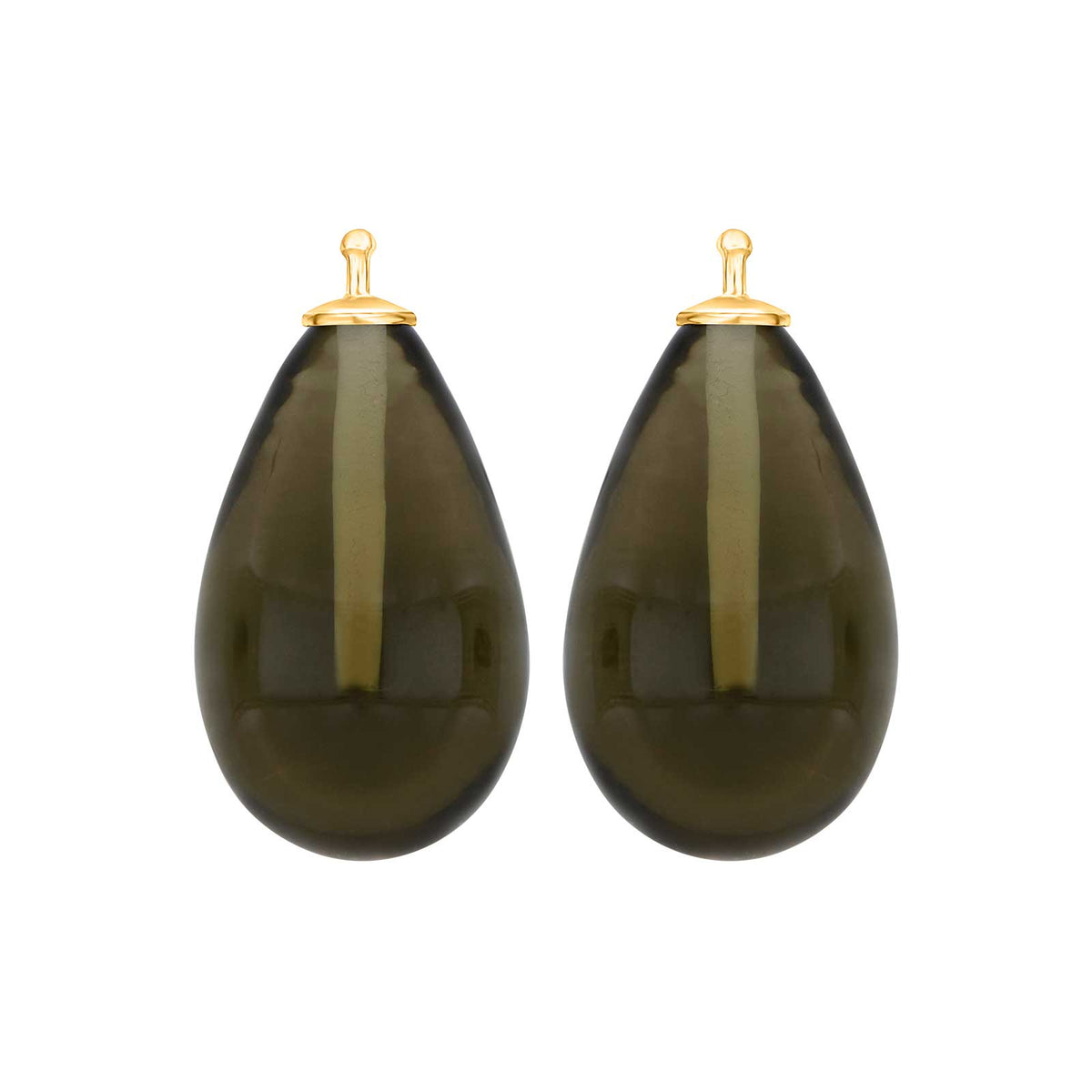 Heide Heinzendorff elegante Tropfen-Ohrringe aus böhmischem Quarzglas und vergoldetem Silber mit raffiniertem Farbverlauf von dunklem Olivgrün bis Rauchquarz