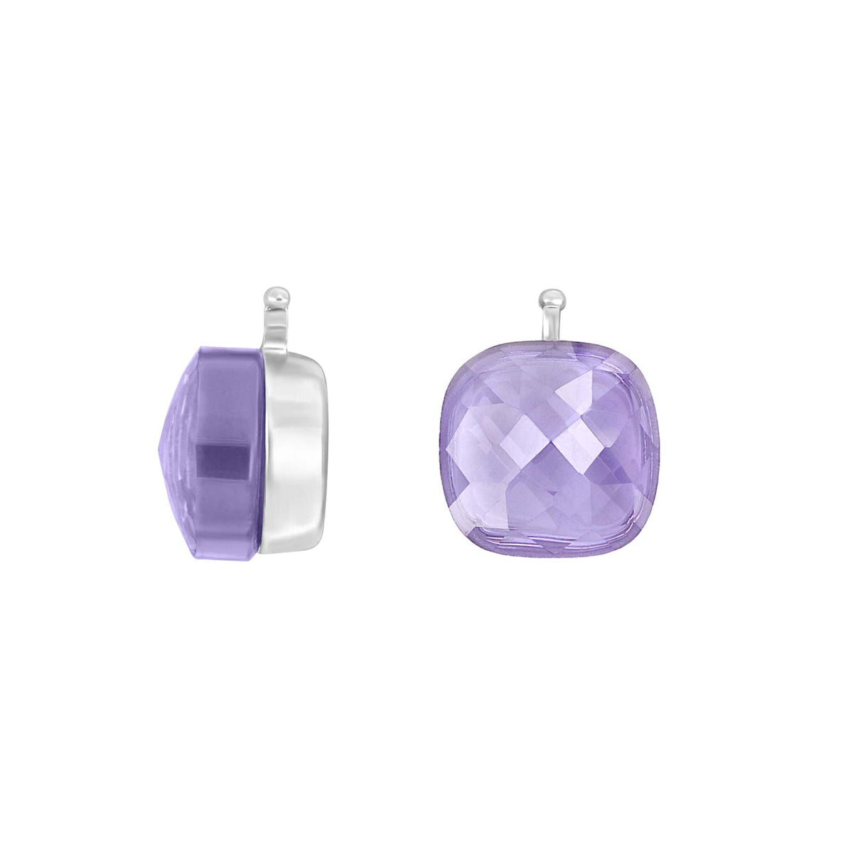 Stilvoller Heide-Heinzendorff-Quarzanhänger aus Sterlingsilber, 12 × 12 mm, als quadratischer Systemanhänger für Ohrringe mit einem raffiniert facettierten, zart hellvioletten Quarz – erhältlich im Schmuckzentrum.