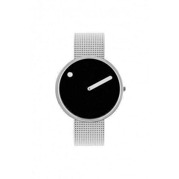 Picto Uhr - Schwarzes Zifferblatt, mattes Stahlnetzarmband 34 mm