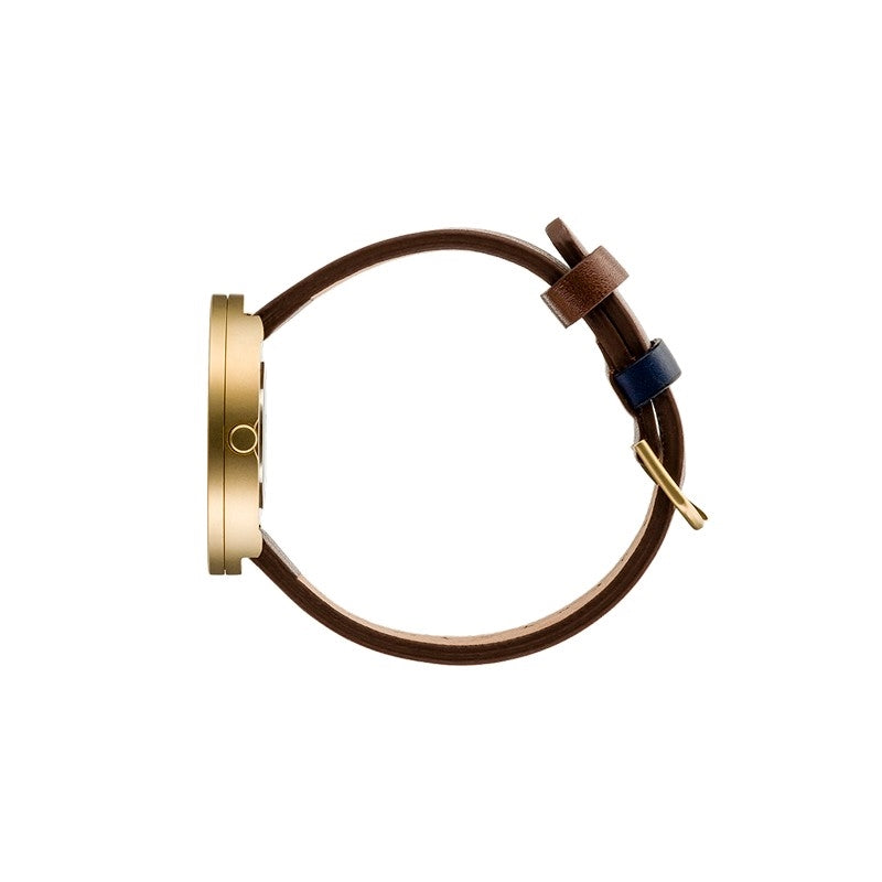 Picto - Støvetblå skive med brun læderrem og Mat guld - 40mm