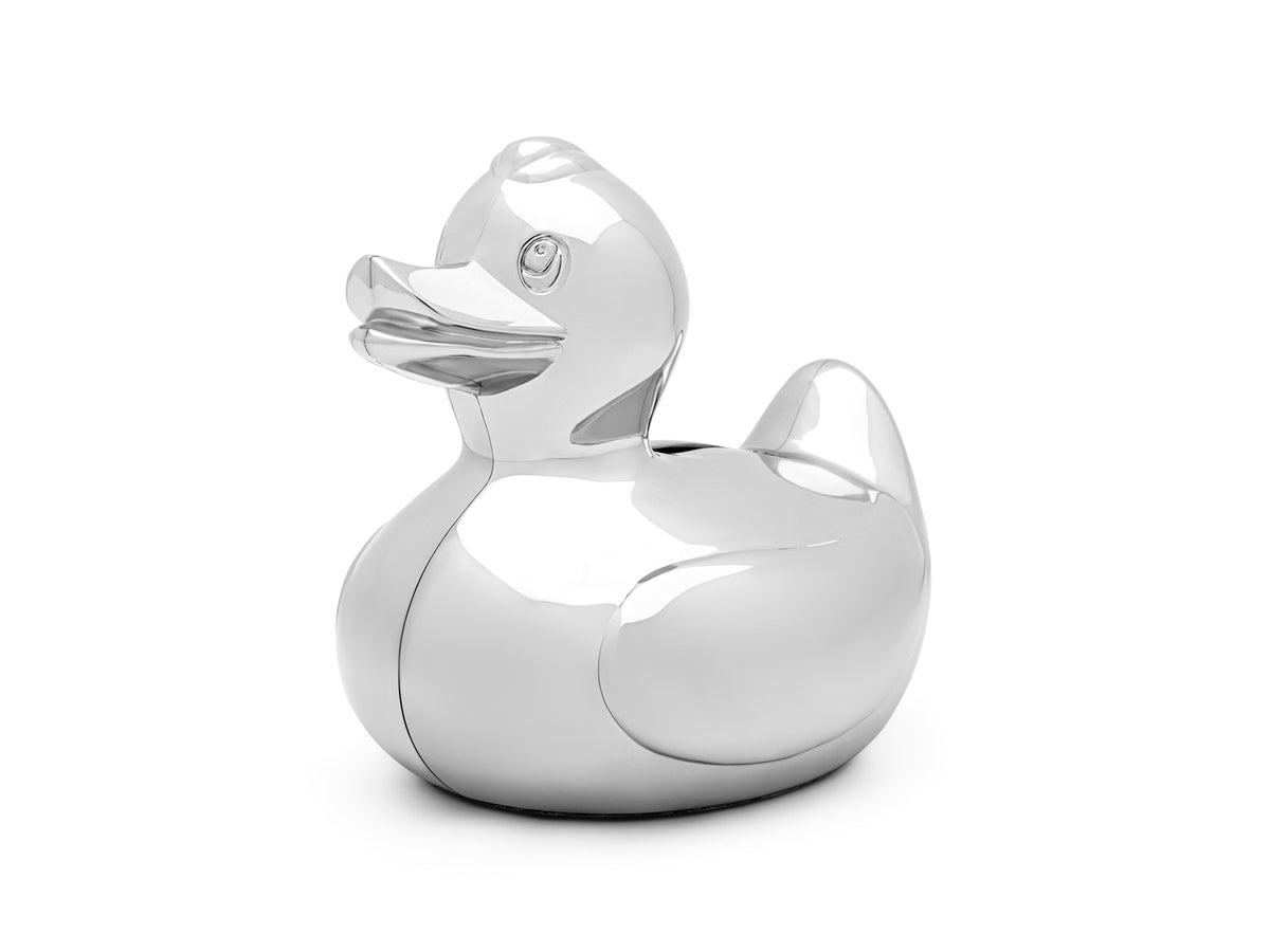 Elegante Zilverstad-Spardose aus silberfarbenem Metall in Form einer glänzenden, stilvoll reflektierenden Ente.