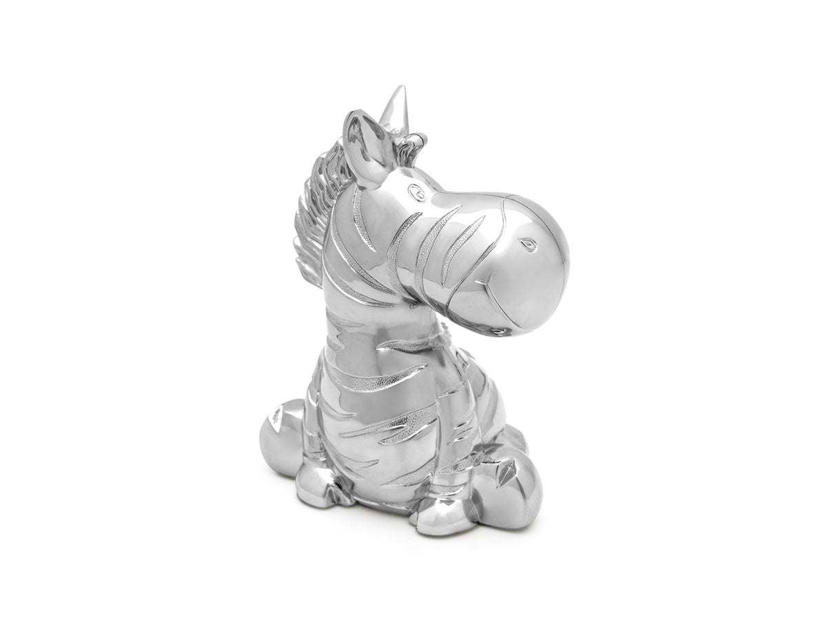 Elegante Zebra-Spardose von Schmuckzentrum aus silberfarbenem Metall mit raffinierten gravierten Streifendetails.