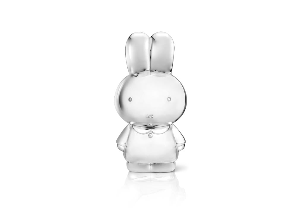 Stilvolle Zilverstad Miffy-Spardose aus silberfarbenem Metall mit polierter, glatter Oberfläche in Form des beliebten Kaninchens Miffy.