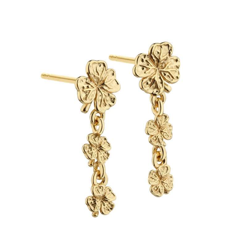 Elegante CLOVER Long Ohrstecker mit stilvollem Kleeblattmotiv aus 14-karätig vergoldetem 925er Sterlingsilber, 3 cm lang, von Aqua Dulce – Schmuckzentrum