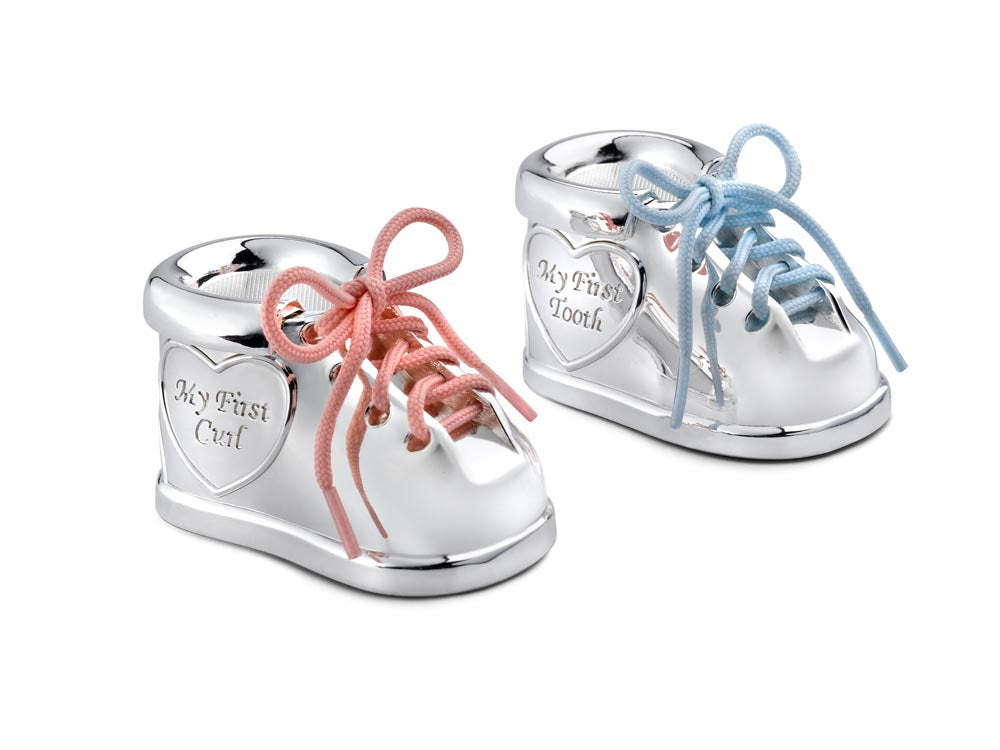 NOA Kids elegante schuhförmige Erinnerungsbox aus verchromtem Metall zur Aufbewahrung des ersten Zahns und der ersten Haarlocke, mit stilvollen rosa und hellblauen Schnürsenkeln