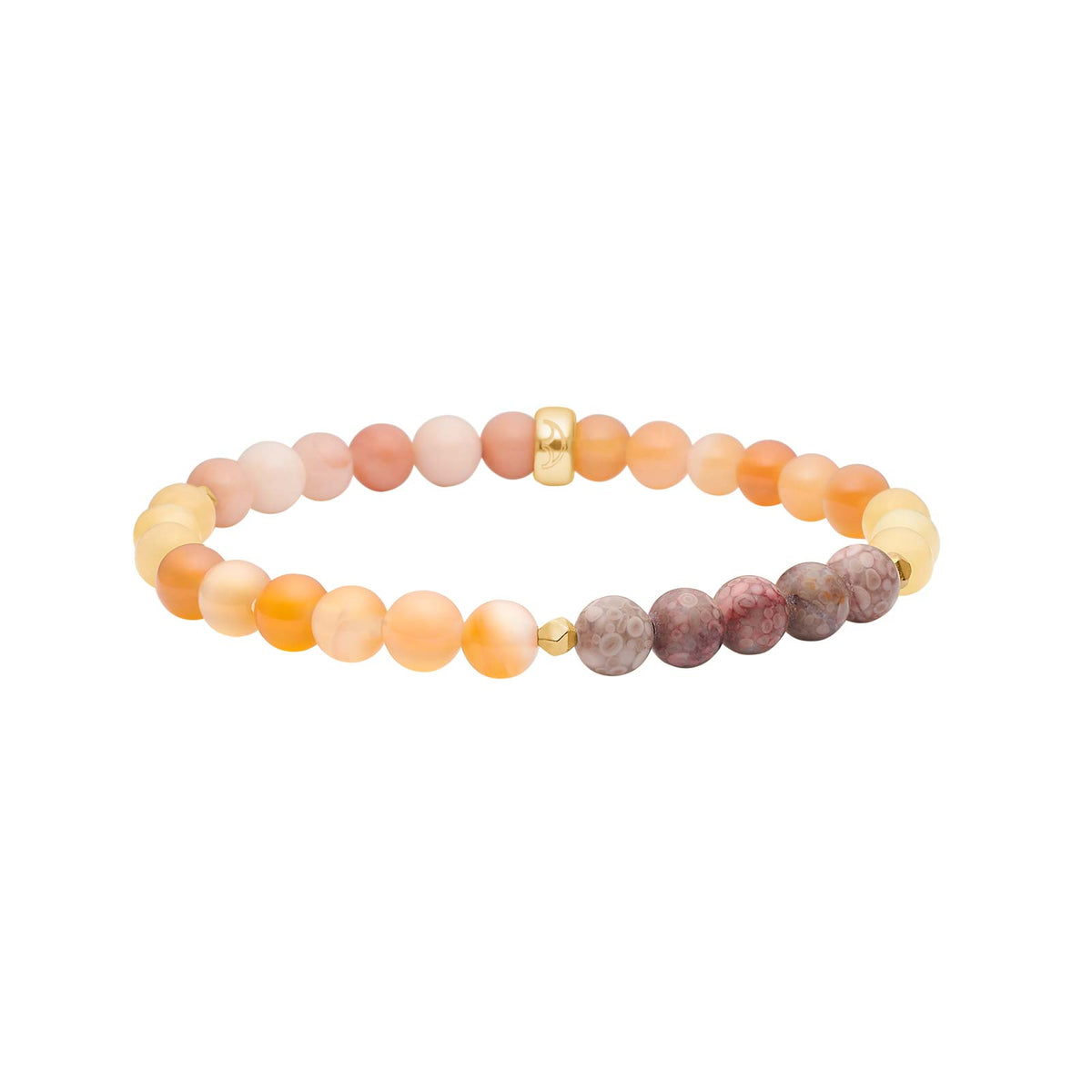 Stilvolles Jasper-Armband von Heide Heinzendorff aus vergoldetem Silber mit runden Jade- und Jaspissteinen in harmonischen Pfirsich-, Orange-, Creme- und Lilatönen.