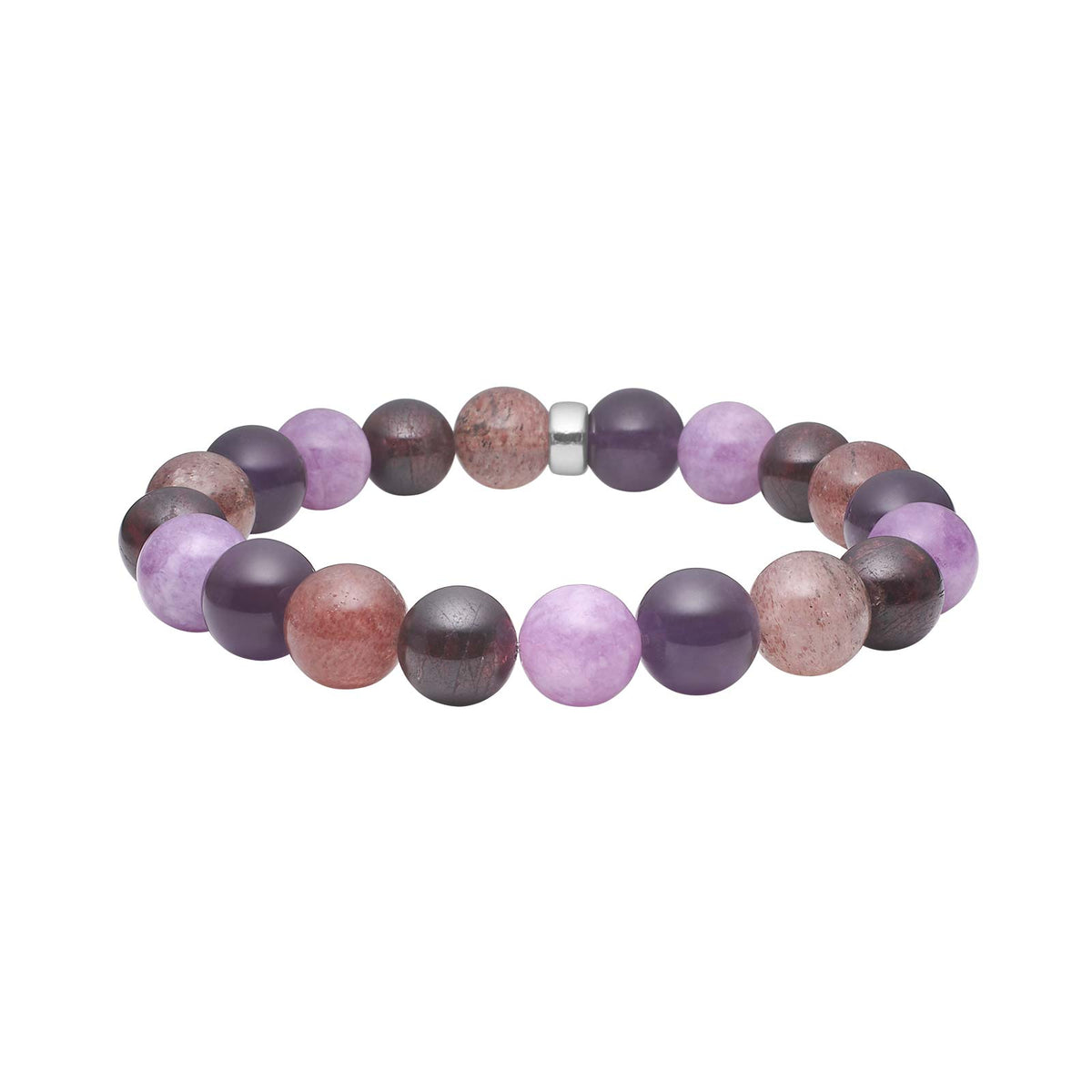 Elegantes Armband von Heide Heinzendorff aus rhodiniertem Silber mit runden 12-mm-Edelsteinperlen aus Amethyst, Kirschquarz, Schwammquarz und Granat in stilvollen Violett-, Rosa- und Rottönen.