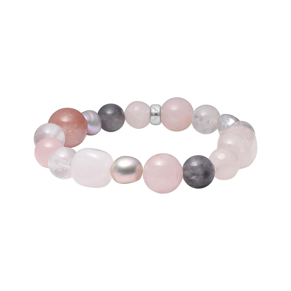 Stilvolles Heide-Heinzendorff-Armband mit Rosenquarz, grauem Quarz, Sonnenstein und glänzenden Süßwasserperlen in zarten Rosa-, Grau- und Weißtönen – elegant präsentiert vom Schmuckzentrum