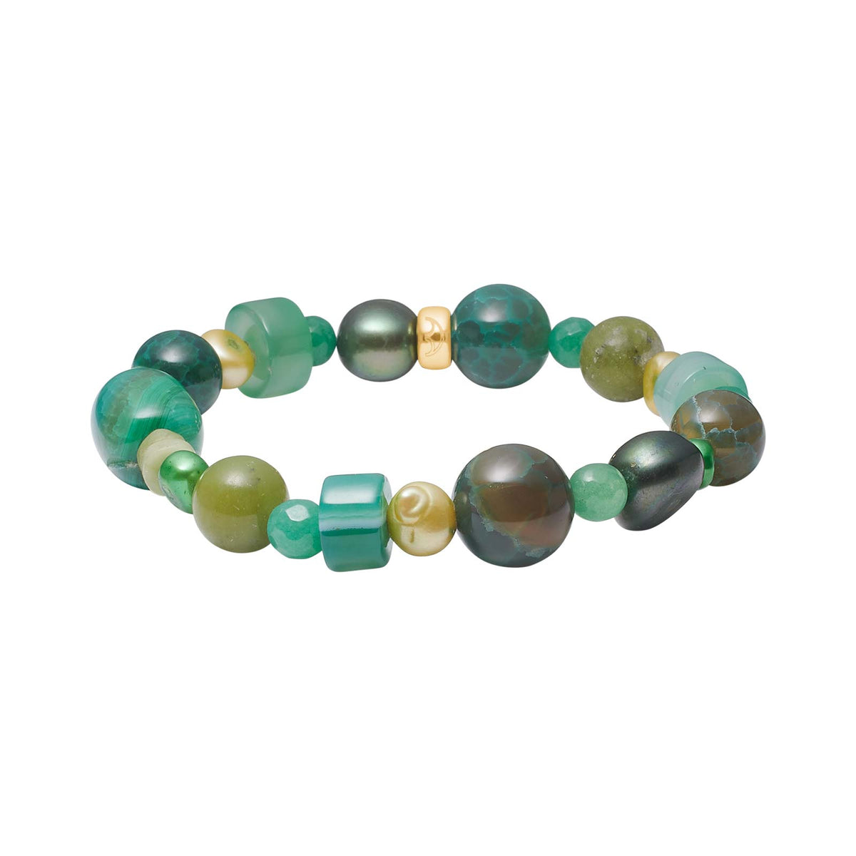 Heide-Heinzendorff-Armband aus Achat, Quarz und Jaspis in farbenfrohen Grün-, Türkis- und Petroltönen mit glatten Edelsteinperlen und eleganten goldfarbenen Details