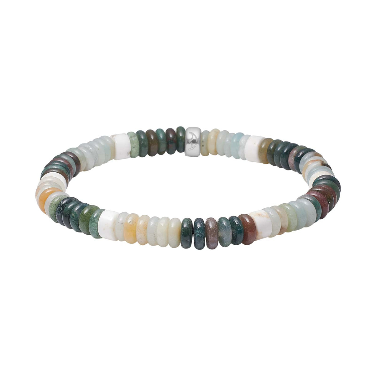Stilvolles Heide-Heinzendorff-Armband mit scheibenförmigen Perlen aus Amazonit, Howlit und Achat in zarten Hellblau-, Weiß-, Grün- und Beigetönen.