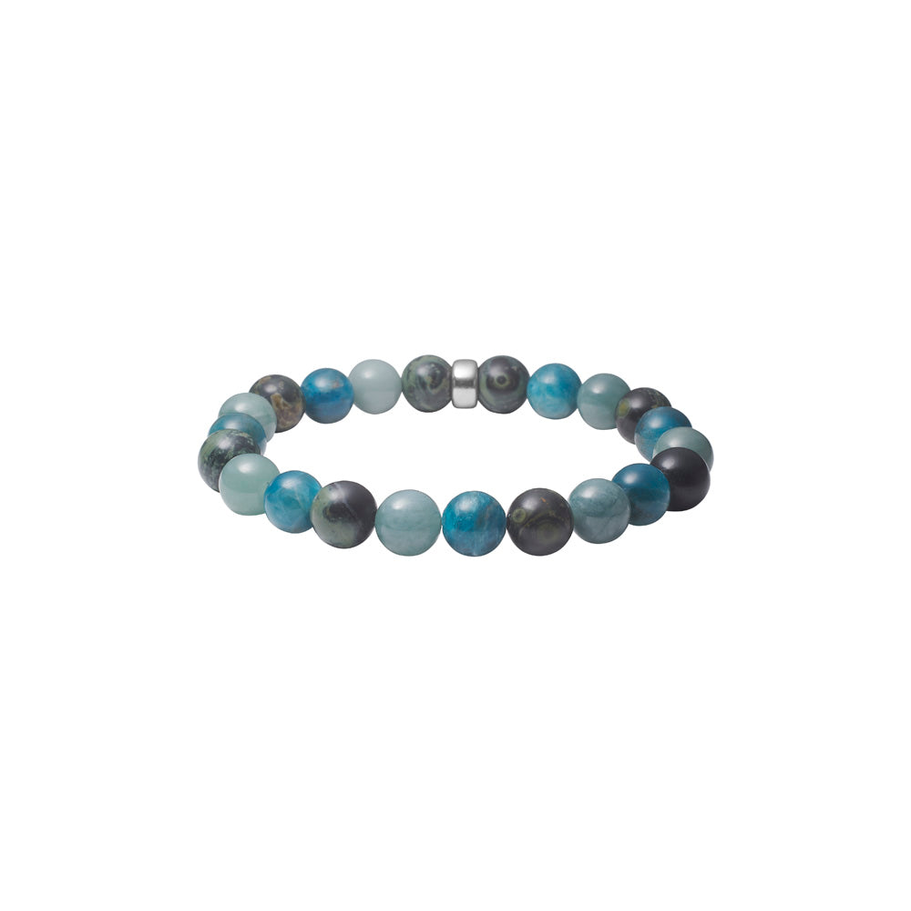 Heide-Heinzendorff-Steinarmband mit eleganten blauen, grünen und grauen Perlen aus Apatit, Nephrit und Jaspis sowie einem stilvollen Detail aus Edelstahl.