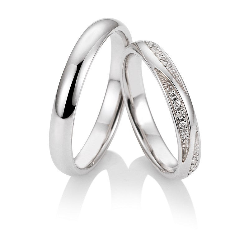 Breuning Renaissance Trauring in 9 bis 14 Karat Weißgold mit 15 Diamanten