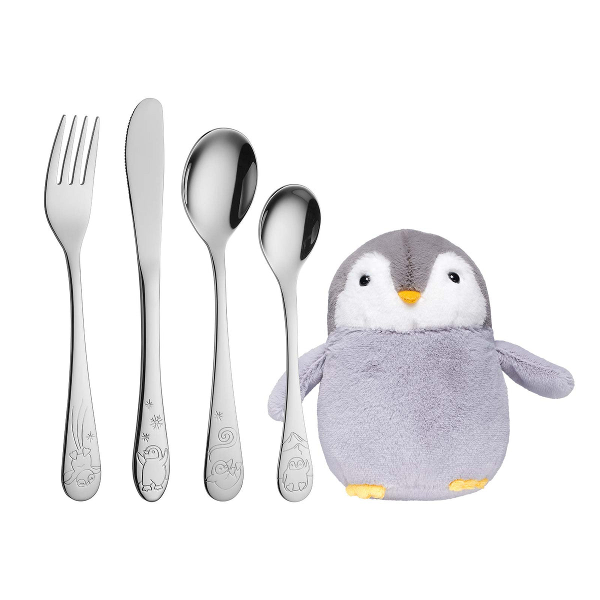 NOA Kids Pinguin-Besteckset aus Edelstahl mit passendem weichem Kuscheltier