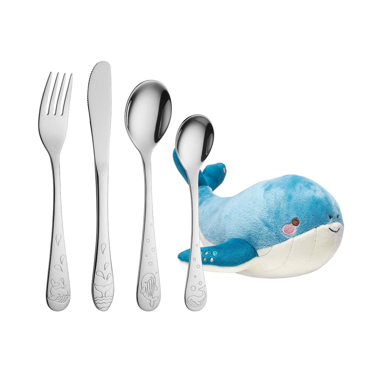 Stilvolles NOA Kids Kinderbesteck aus rostfreiem Edelstahl mit Wal-Motiv, individueller Gravur und passendem Teddybären