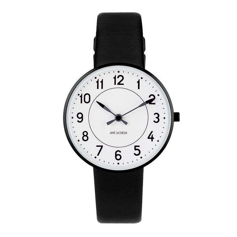 Arne Jacobsen - Station Ur m. hvid skive og læderrem