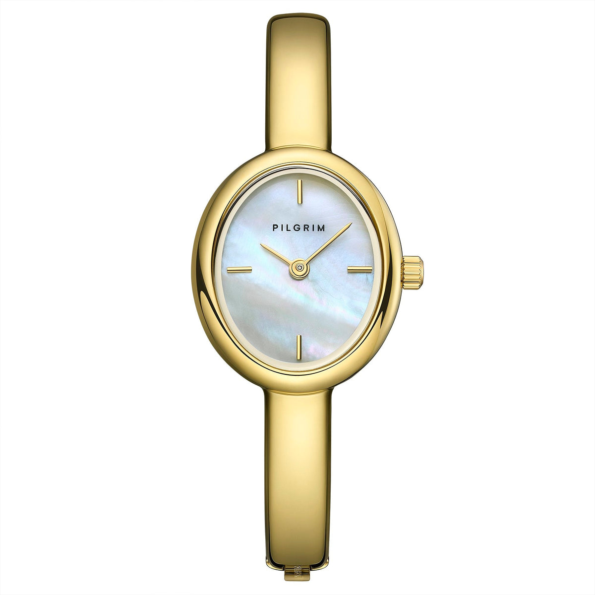 Elegante Pilgrim Schmuckuhr aus goldfarbenem Edelstahl mit schimmerndem Perlmuttzifferblatt und stilvollem Armband in Größe Small