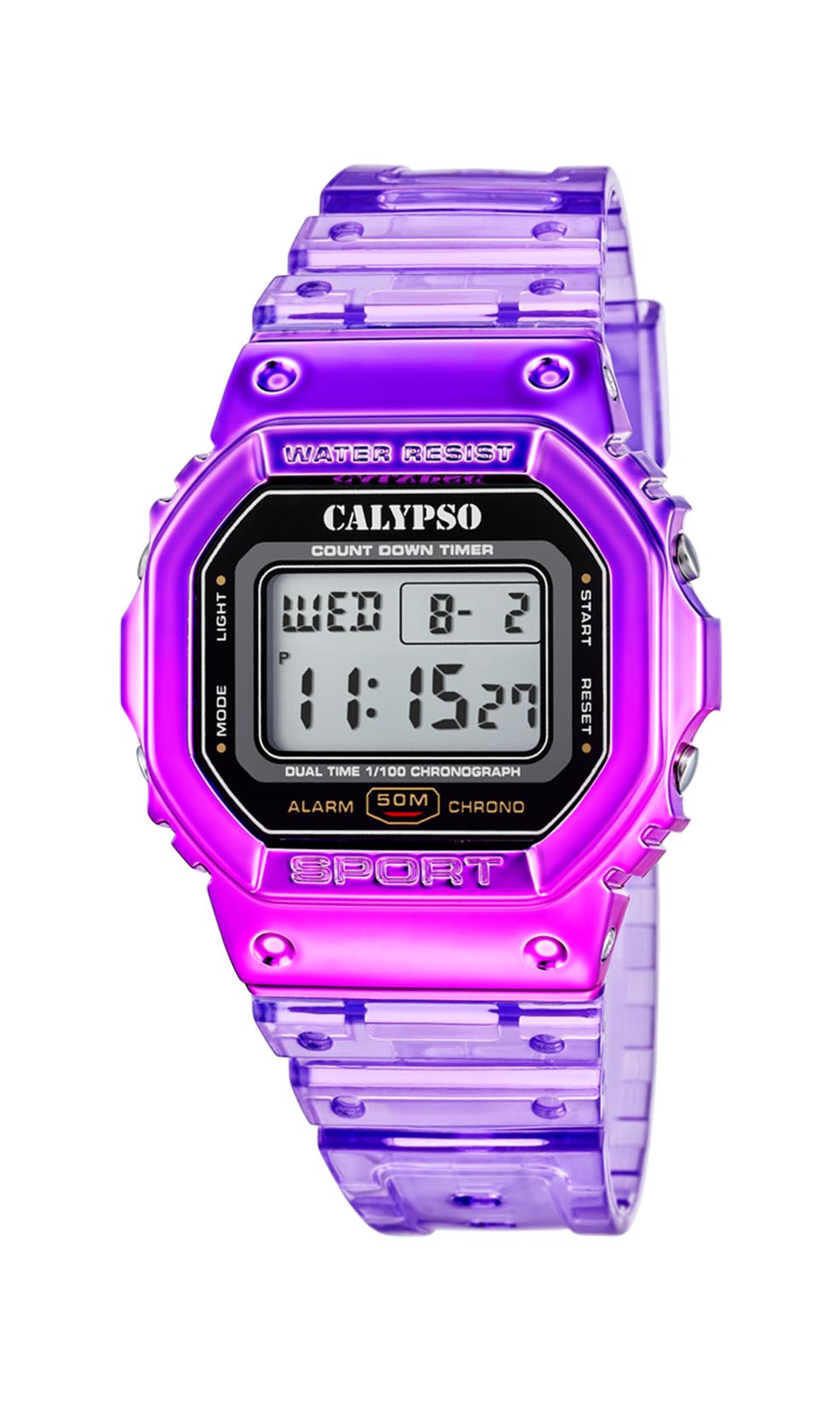 Calypso Digital Color Splash – moderne, farbenfrohe lila Unisex-Armbanduhr mit digitaler Anzeige