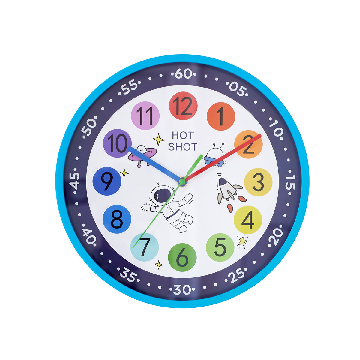 Stilvolle blaue Hot Shot Kinder-Wanduhr mit gut lesbaren Zahlen, Ø 30,5 cm