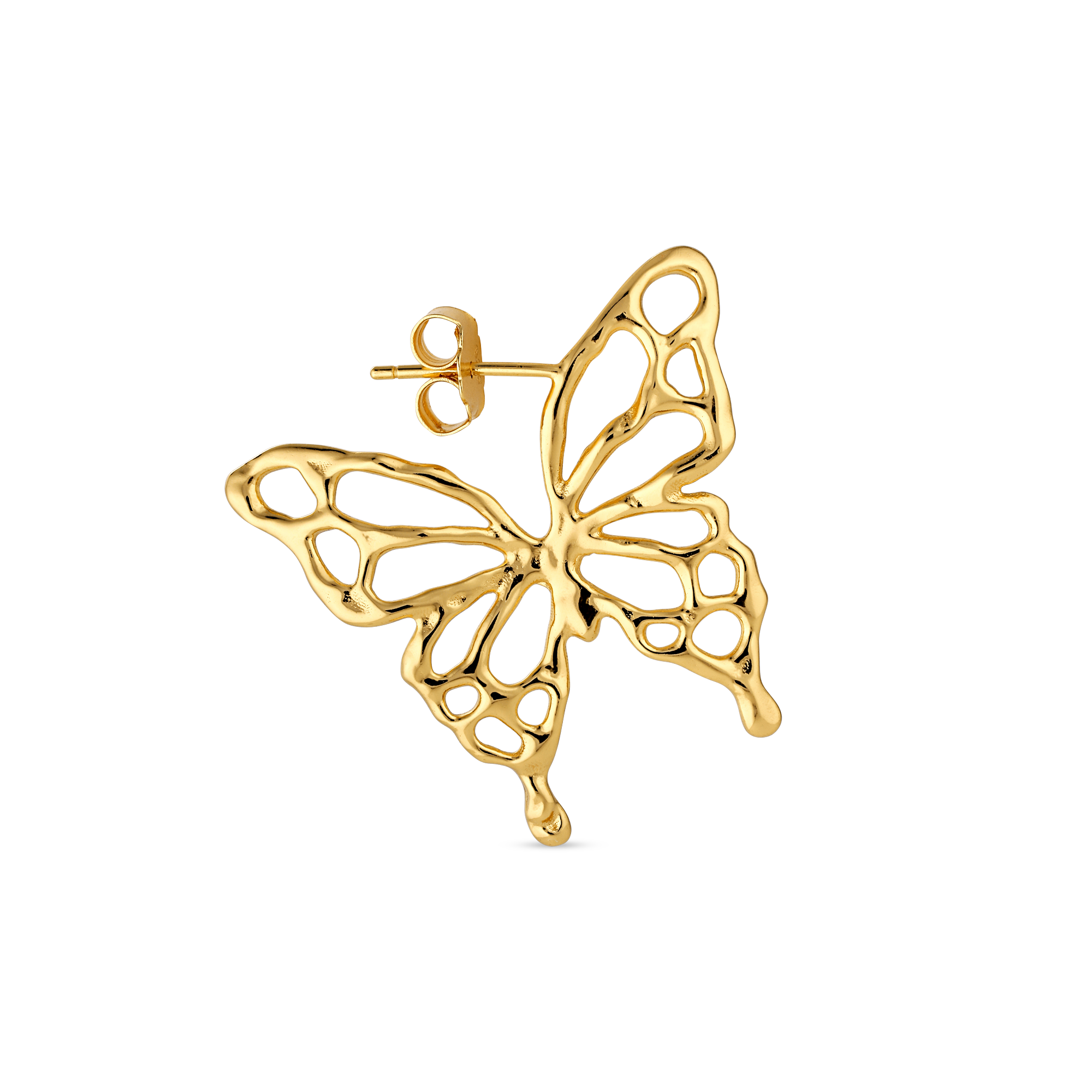 Jane Kønig Butterfly ørering i forgyldt sølv – stiliseret sommerfugleform, 28 mm bred