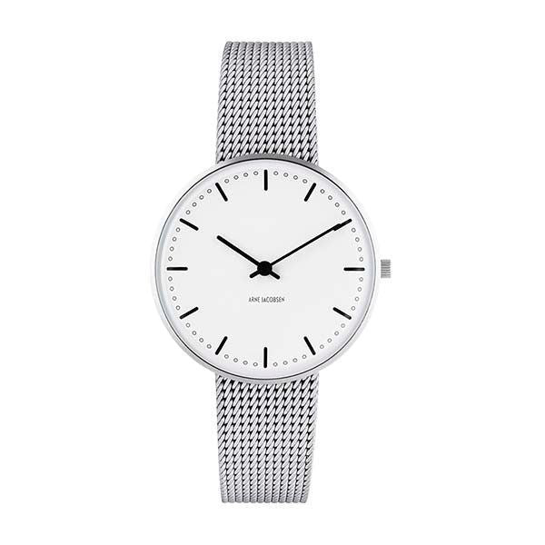 Arne Jacobsen armbåndsur - City Hall - Hvid skive og stål mesh lænke