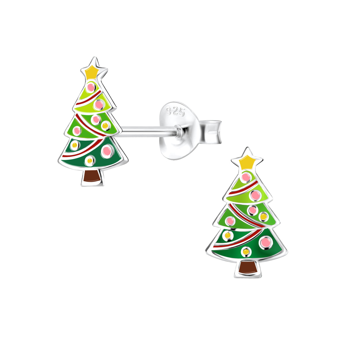 Stilvolle Weihnachtsbaum-Ohrringe aus Sterlingsilber von ByBirch mit grüner Emaille, filigraner Girlande und zartrosa Christbaumkugeln – ein eleganter, festlicher Schmuck vom Schmuckzentrum.