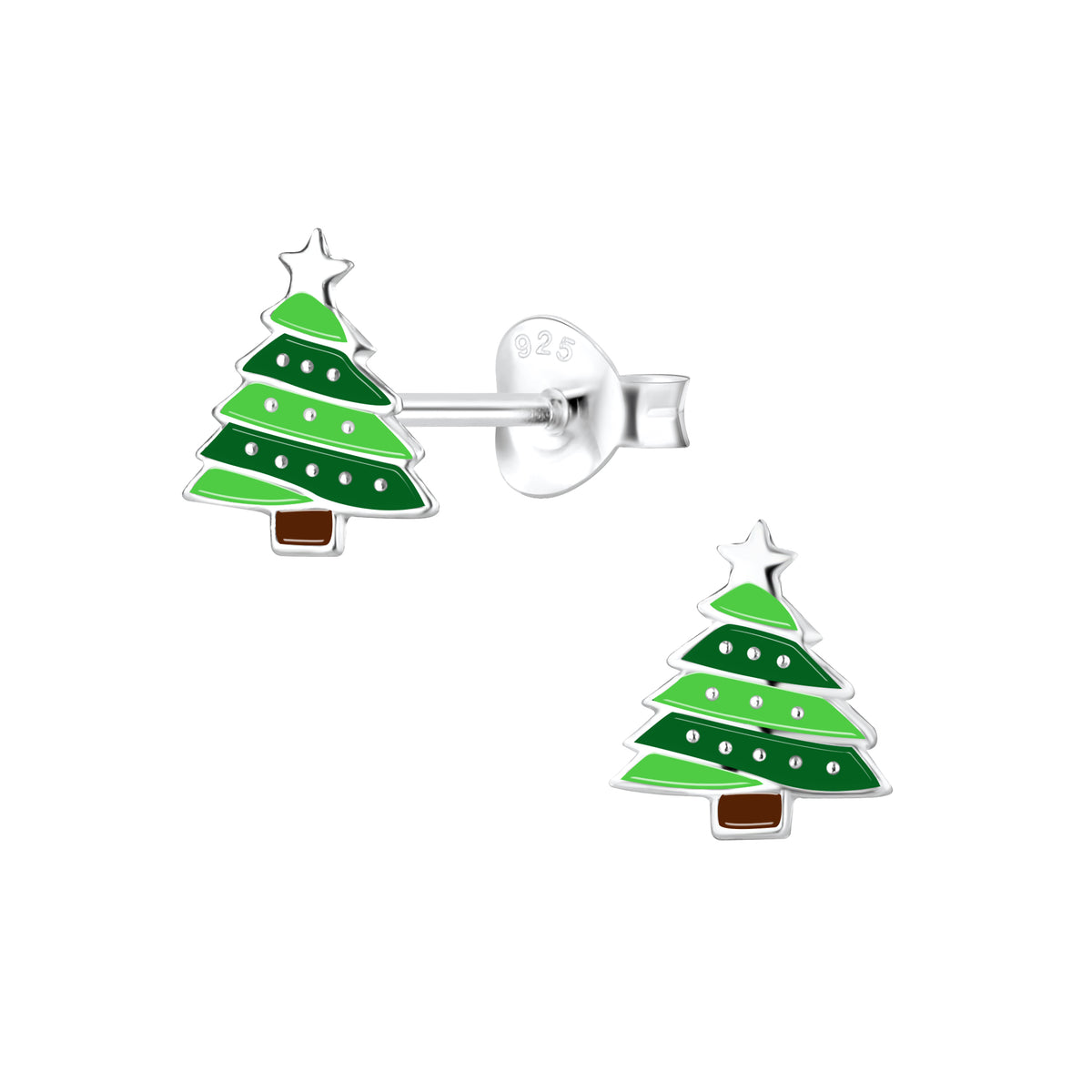 Stilvolle Weihnachtsohrringe aus Sterlingsilber in Form eines kleinen Weihnachtsbaums mit grüner Emaille und einem Stern von ByBirch