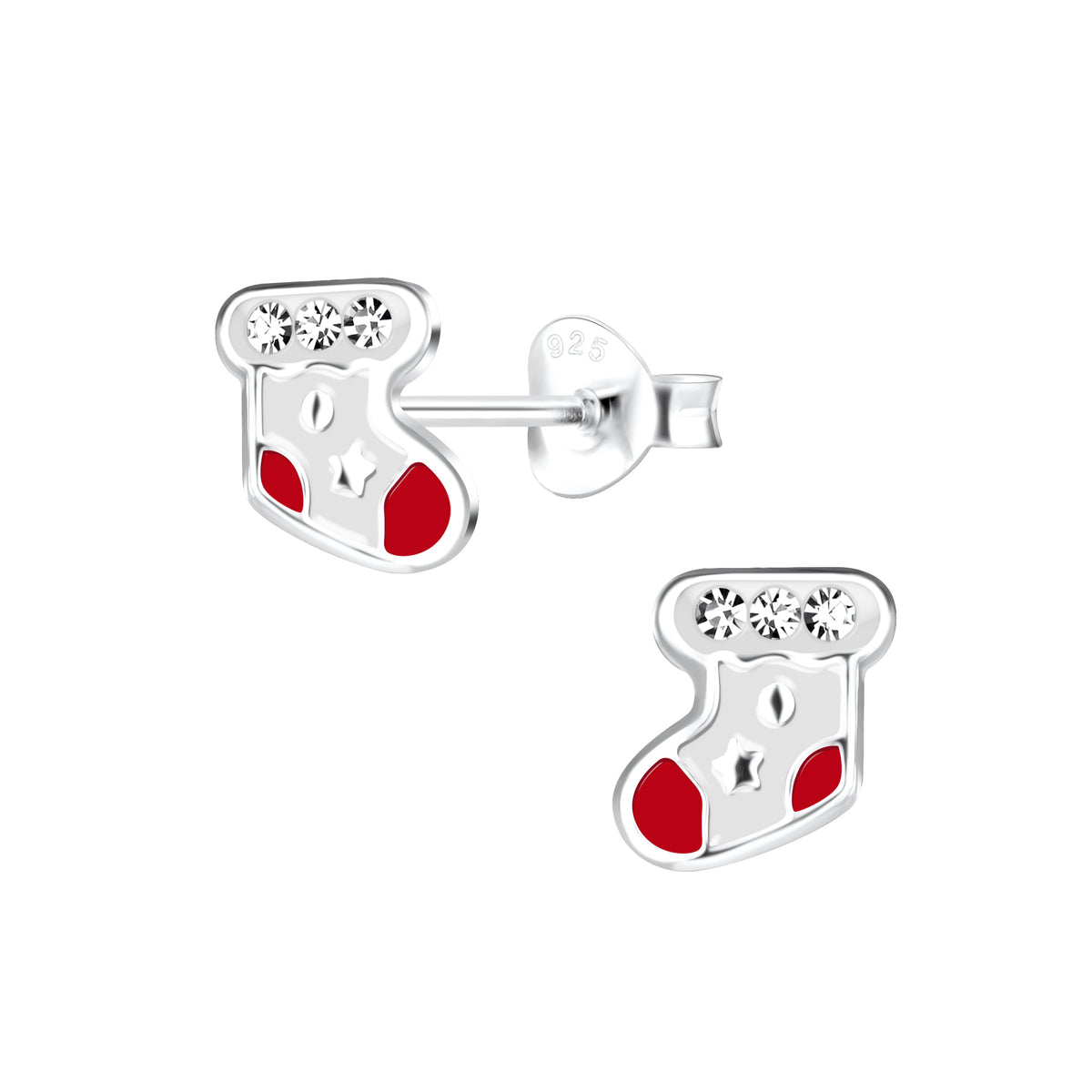 Stilvolle Weihnachts-Ohrringe aus Sterlingsilber in Form eines Weihnachtsstrumpfs mit leuchtend roter Emaille und klaren Kristallen von ByBirch