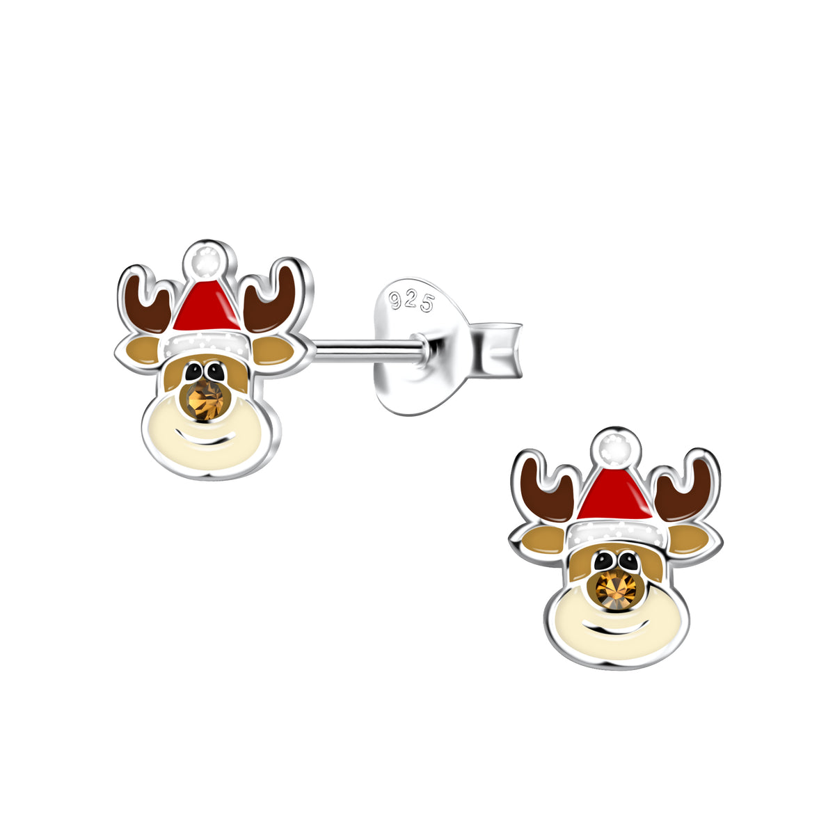 Elegante Weihnachtsohrringe aus Sterlingsilber in Form kleiner Rentiere, verziert mit Emaille und funkelnden Kristallnasen, von ByBirch – Schmuckzentrum