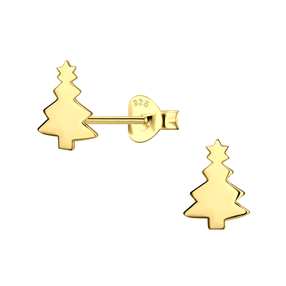 Elegante Weihnachtsohrringe aus vergoldetem Silber in Form eines Weihnachtsbaums mit einem Stern an der Spitze von ByBirch