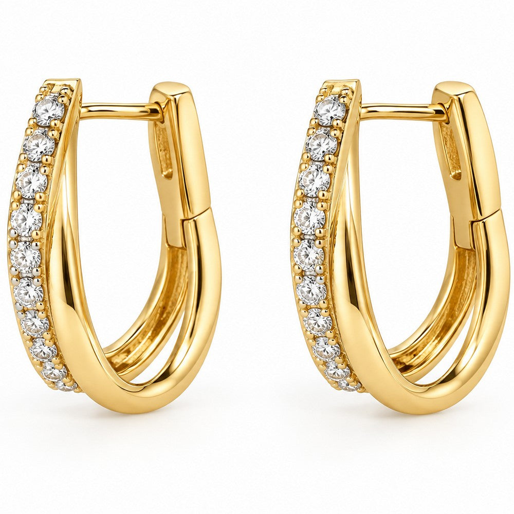 Elegante ovale Doppel-Creolen aus 8 Karat Gold mit einer Reihe funkelnder klarer Zirkonia und praktischem Klappverschluss