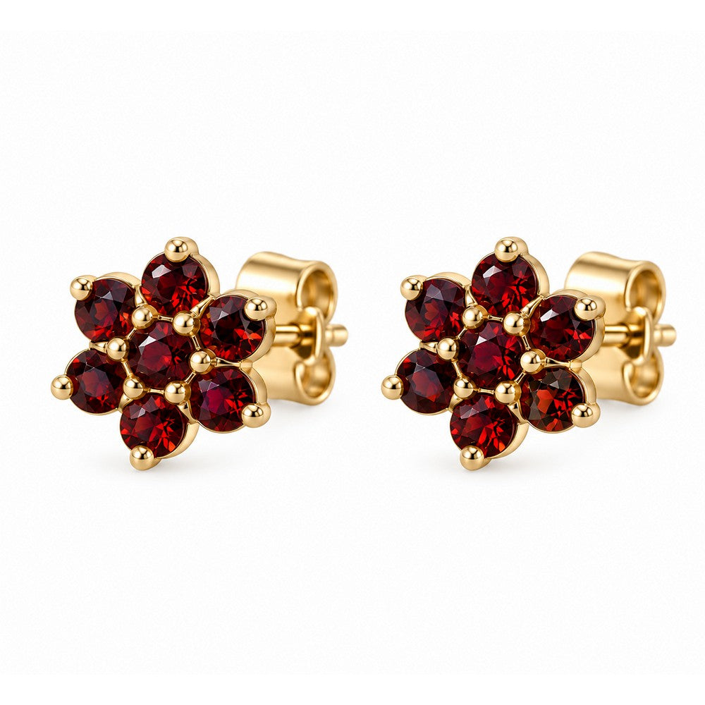 Elegante Blumen-Ohrstecker aus 8-karätigem Gold mit leuchtend roten Granaten